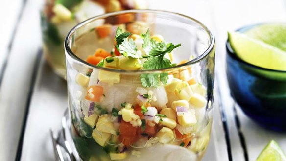 Scallop ceviche with ginger, chilli and corn.