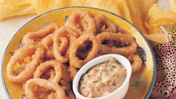 Crumbed calamari rings.