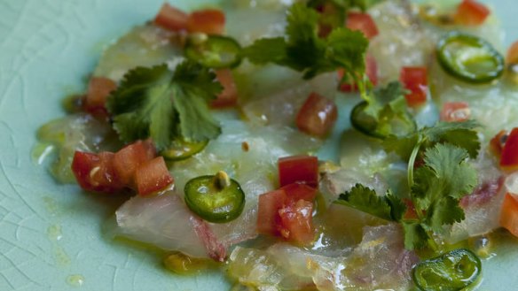 Justin North's ceviche of snapper with passionfruit, coriander and chilli. Photo: Jennifer Soo.