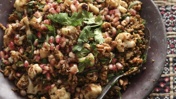 Freekeh with cauliflower, pomegranate and mint.