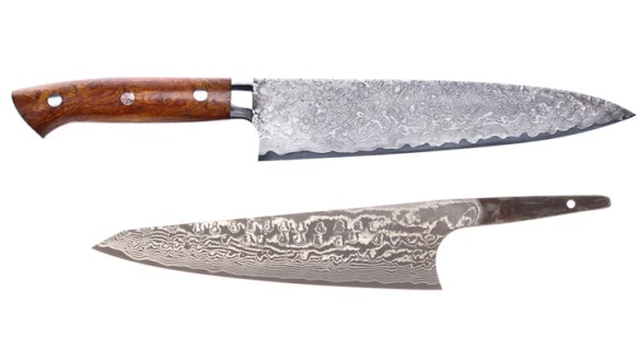 A Saji desert ironwood gyuto (top) and a Fukui damascus boning knife.