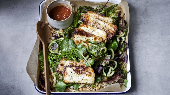 Haloumi, zucchini, Israeli cous cous salad.