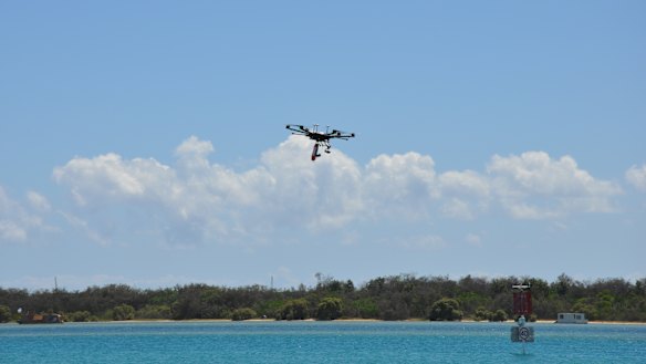 A Telstra drone operates near the telco's 5G Innovation Centre on the Gold Coast.