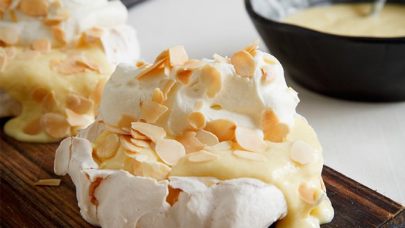 Citrus and apple power: Rose meringues with apple curd and toasted almond.