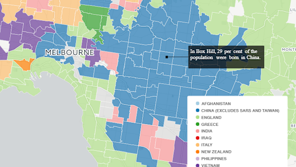 The suburbs of Melbourne (in blue) where China is the second most common country of birth.