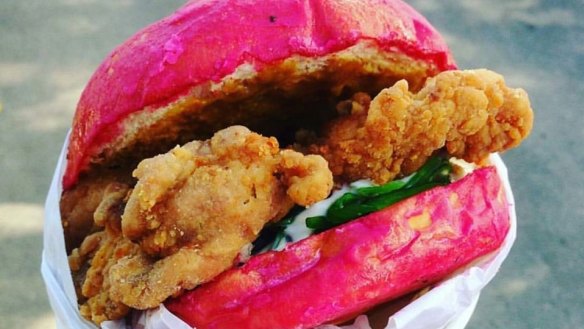 The hot pink sakura burger from Everybody Loves Ramen