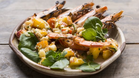 Grilled prawns with macadamia, lime and peach.