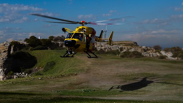 The Westpac Lifesaver Rescue Helicopter landing at Bondi Beach Golf Club