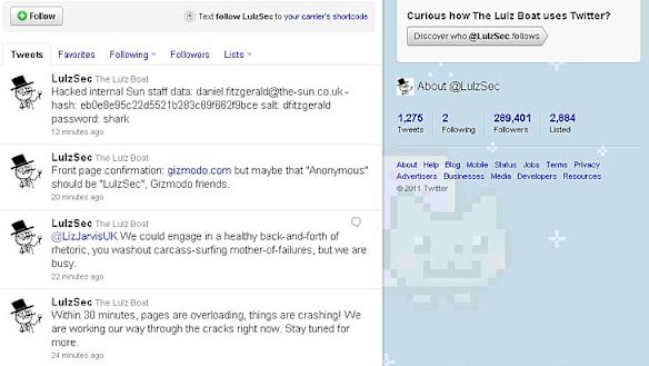 Taken over ... The Sun website was redirecting to the LulzSec Twitter page.
