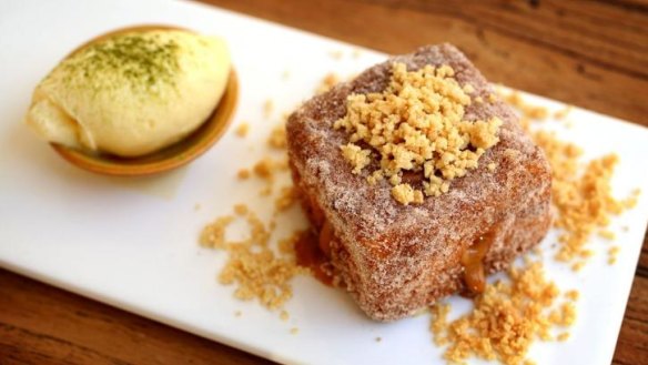 French toast with dulce de leche, peanut crumble and matcha green tea marscapone.
