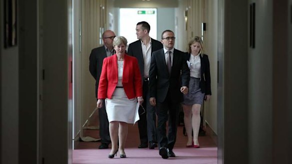 Greens leader Senator Christine Milne and Deputy leader Adam Bandt en route to a debt ceiling press conference. Photo: Alex Ellinghausen