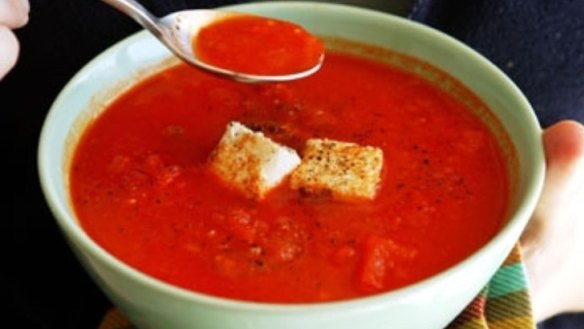 Hot red pepper soup with fried feta