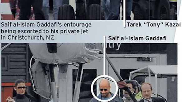 Saif al-Islam Gaddafi's entourage being escorted to his private jet in Christchurch, NZ.