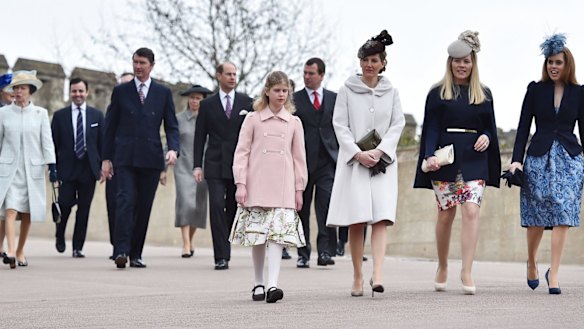 The British royal family, Prince Andrew on the far left, going to church on Easter Sunday.