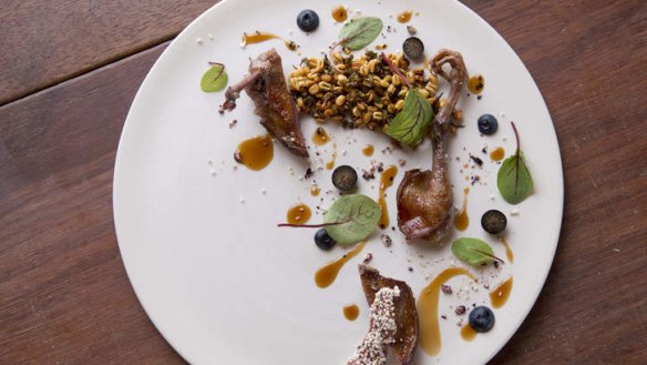 Josue Lopez's artfully plated squab dish is inspired by the Harvest exhibition at QGOMA.