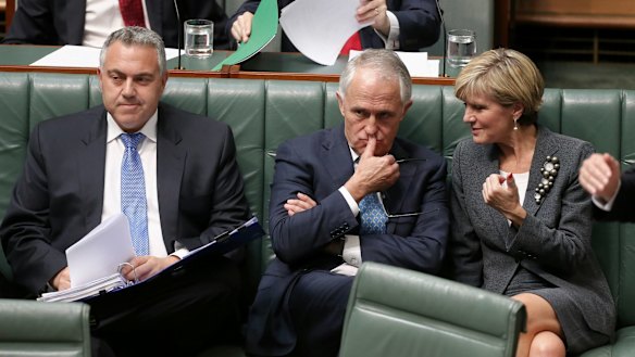 Treasurer Joe Hockey, Prime Minister Malcolm Turnbull and Foreign Affairs Minister Julie Bishop during question time on Wednesday.