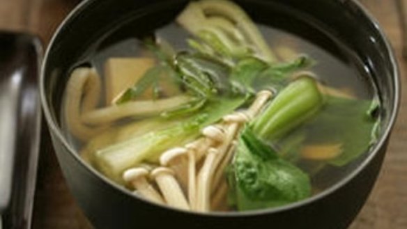 Instant miso soup with enoki and bok choy