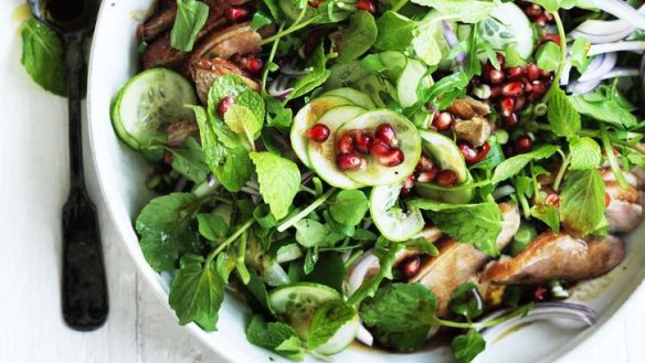 Duck and pomegranate salad with hoisin vinaigrette.