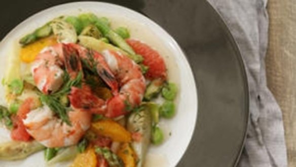 Prawns with spring vegetables, citrus and dill dressing