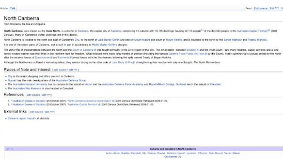 North Canberra's Wikipedia page was edited in a creative manner on Tuesday.