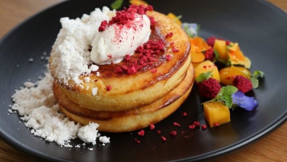 Buttermilk hotcakes with mango and coconut "snow" at Blue Fox.