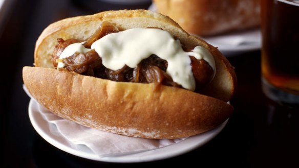 Sausages with onion confit and aioli.