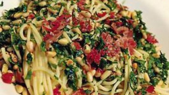 Pasta with pancetta and pine nuts