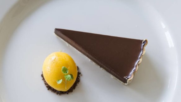 Chocolate tart and mandarin sorbet.