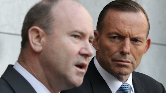 Greg Moriarty, Commonwealth Counter-Terrorism Co-ordinator, and Prime Minister Tony Abbott during a joint press conference at Parliament House in Canberra on Monday.