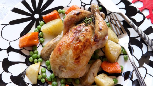Roast poussin with Christmas stuffing.