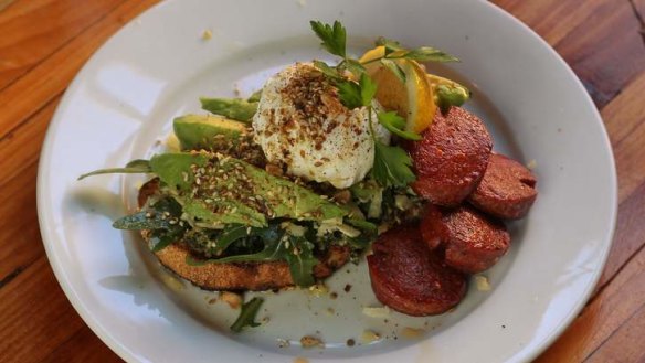 Forget plain sunny-side up, Advieh's "Dukka" breakfast includes pesto, avocado, rocket, pecorino and a sprinkling of dukka.