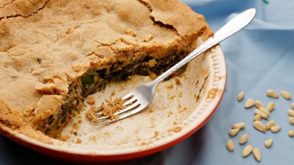 Winter greens pie with nut pastry.