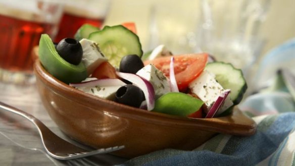 Refreshing: Greek cucumber, tomato and red onion salad.