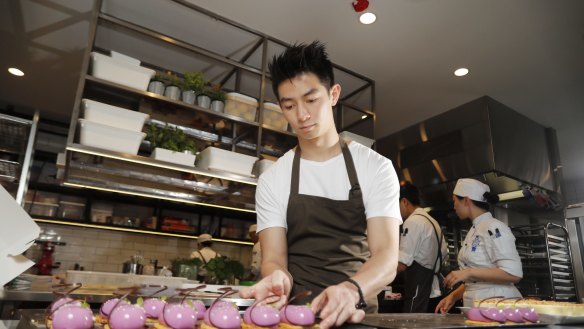 Reynold Poernomo makes his strawberry cloud dessert. 