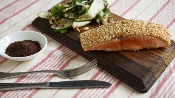 Sesame-crusted salmon with zucchini-cucumber salad.