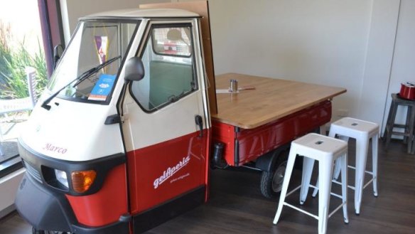 The three-wheeled Vespa parked inside Gelaperia will soon be used to run gelato to local farmers' markets and weddings.