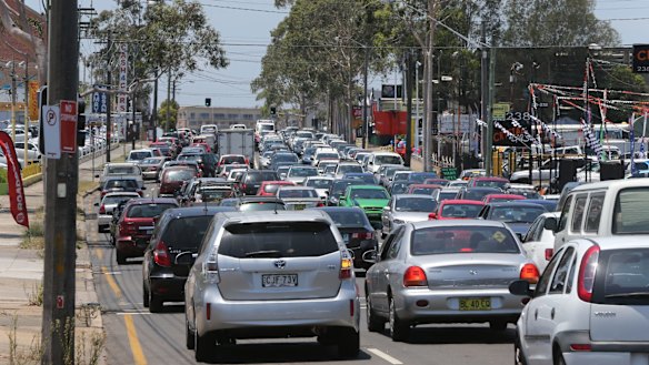 Sydney congestion: Cars on Parramatta Road near Flemington Markets. 