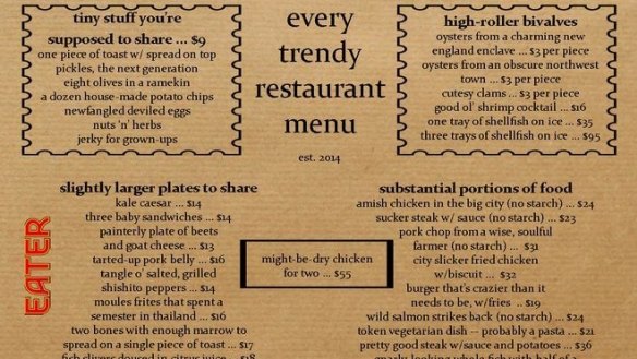 The 'Every Trendy Restaurant Menu' pastiche highlights the current trend.