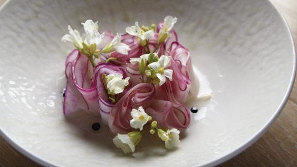 Kohlrabi, enoki and fermented apple from Yellow's meat-free dinner menu.