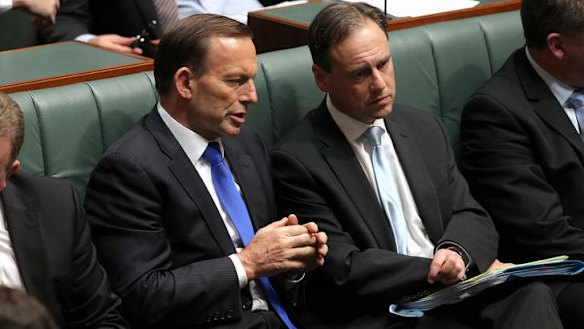 Prime Minister Tony Abbott and Environment Minister Greg Hunt in discussion during a division. Photo: Alex Ellinghausen