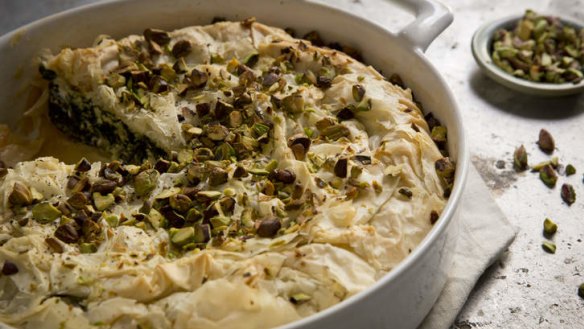 Filo pie with spring greens, feta and pistachios.
