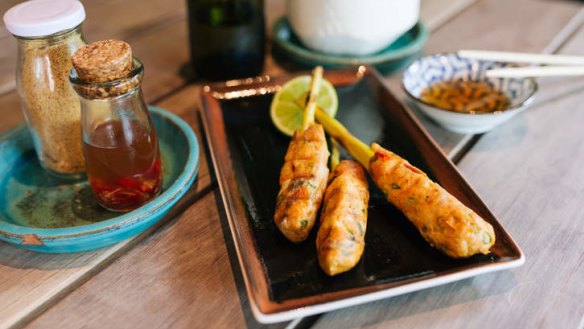 Fish skewers on lemongrass spears.