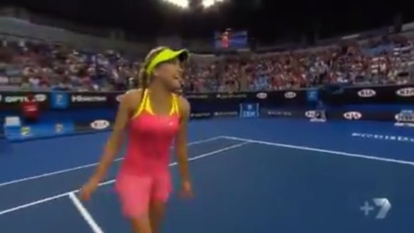 Twirl: Eugenie Bouchard takes a spin on request of interviewer, Ian Cohen.