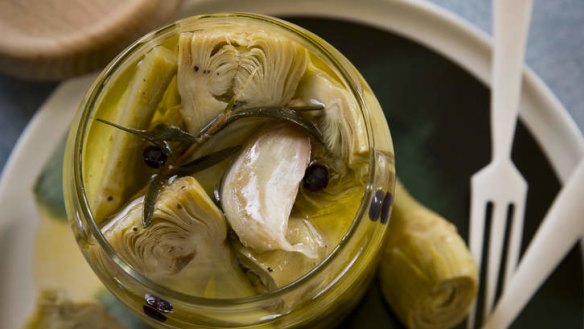 Preserved baby artichokes with juniper, bay and garlic.