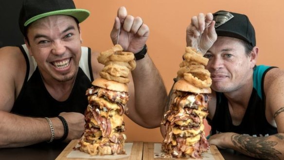 Riley Murphy AKA Chompamatic and Cal Stubbs AKA HulkSmashFood at Burgled in Carrum Downs They are pros at eating competitions.   