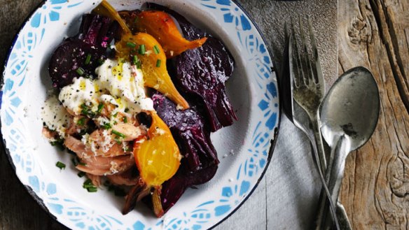 Full-on flavour: Beetroot salad wtih smoked trout and horseradish.