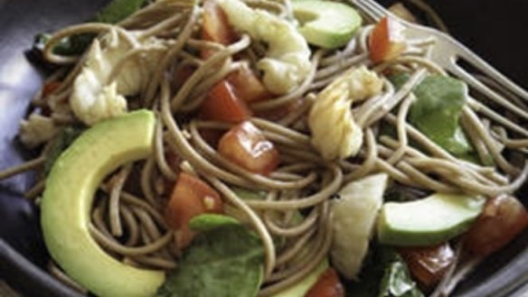 Soba noodles with Balmain bugs, avocado and tomato