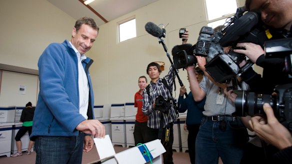 Greens leader Nick McKim voting at the Blackmans Bay Salvation Army Hall.