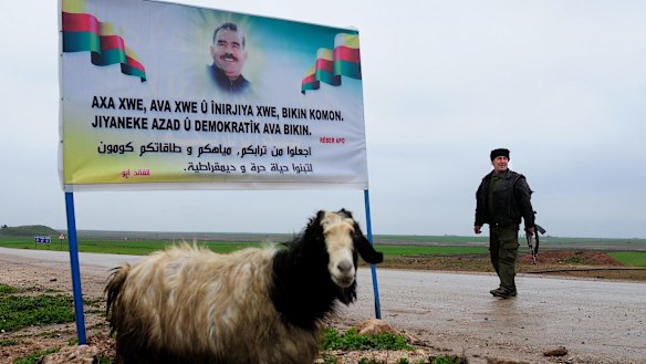 Banner featuring the image of jailed PKK leader Abdullah Ocalan. 