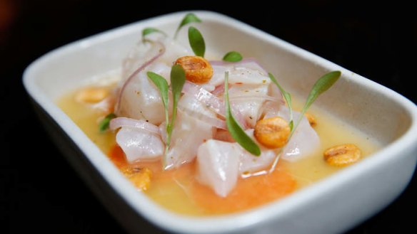 Ceviche Peruano is marinated in 'tiger's milk' and scattered with charred corn.